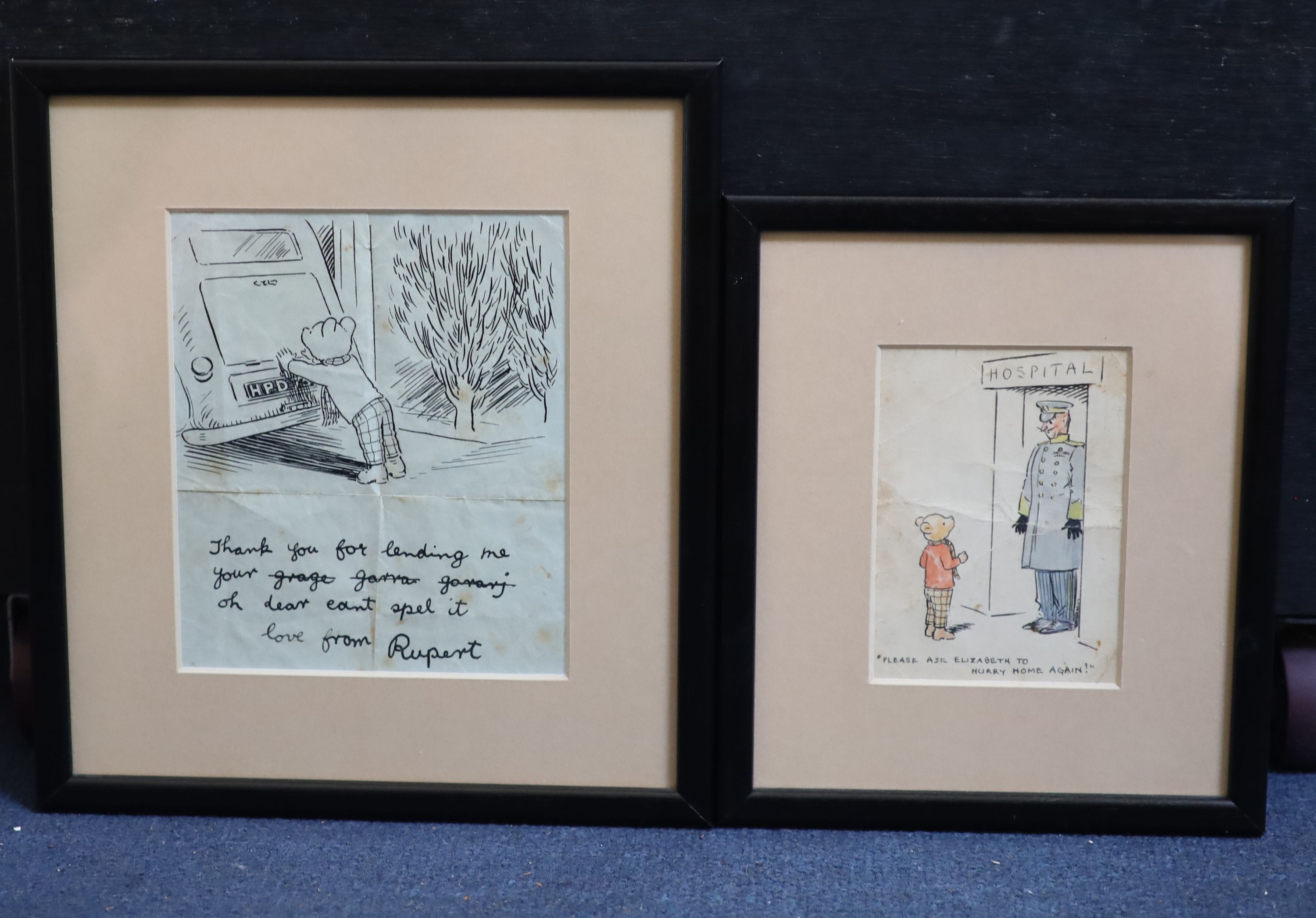 Alfred Bestall, (1892-1986) two original bespoke drawings of Rupert The Bear, each dedicated to the vendor 8.5 x 11.5 and 16 x 13cm.